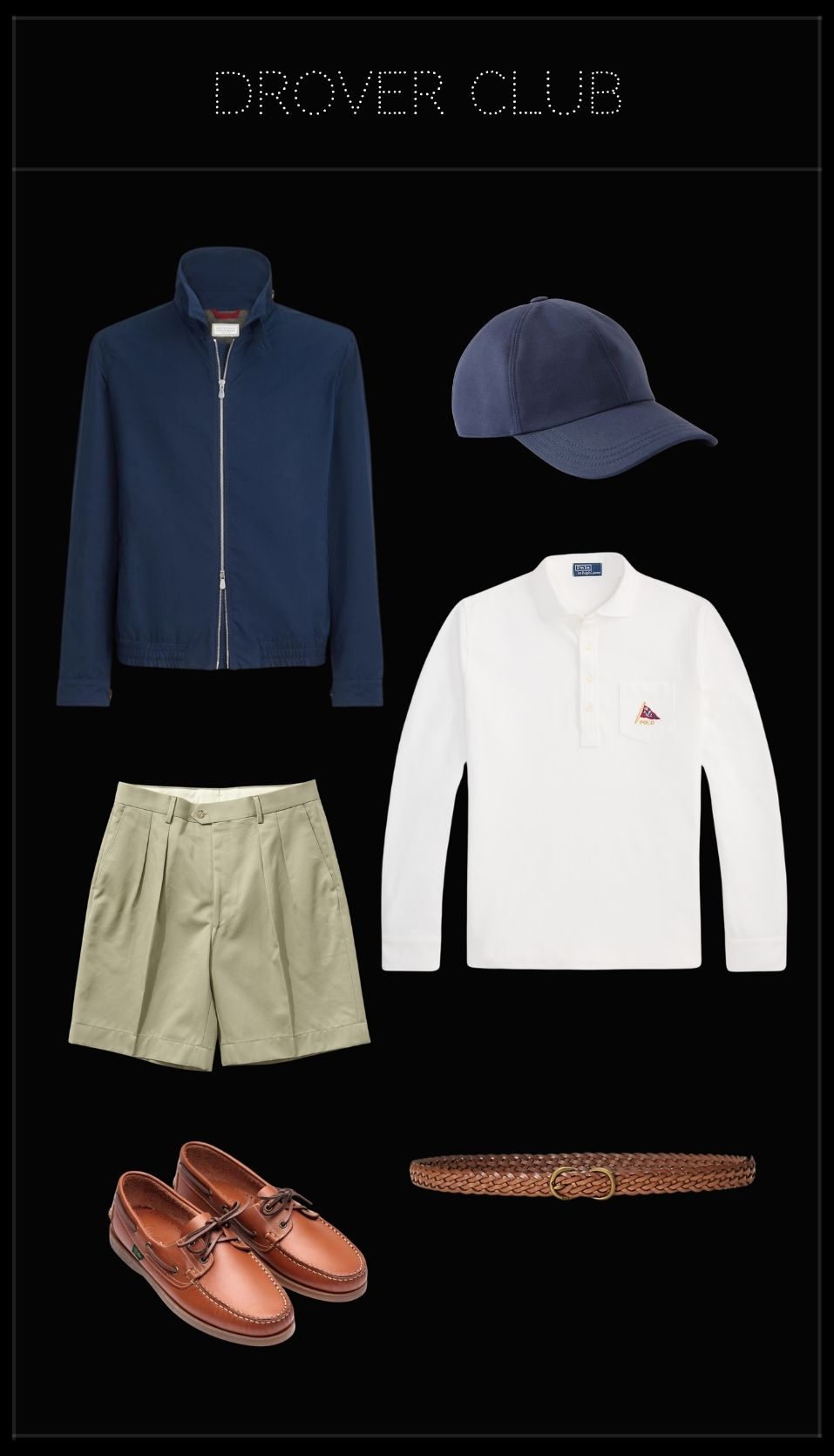 Men's smart casual outfit for the Rolex Fastnet Race featuring a shell jacket, long-sleeve polo, pleated shorts, leather boat shoes, baseball cap, and braided belt.