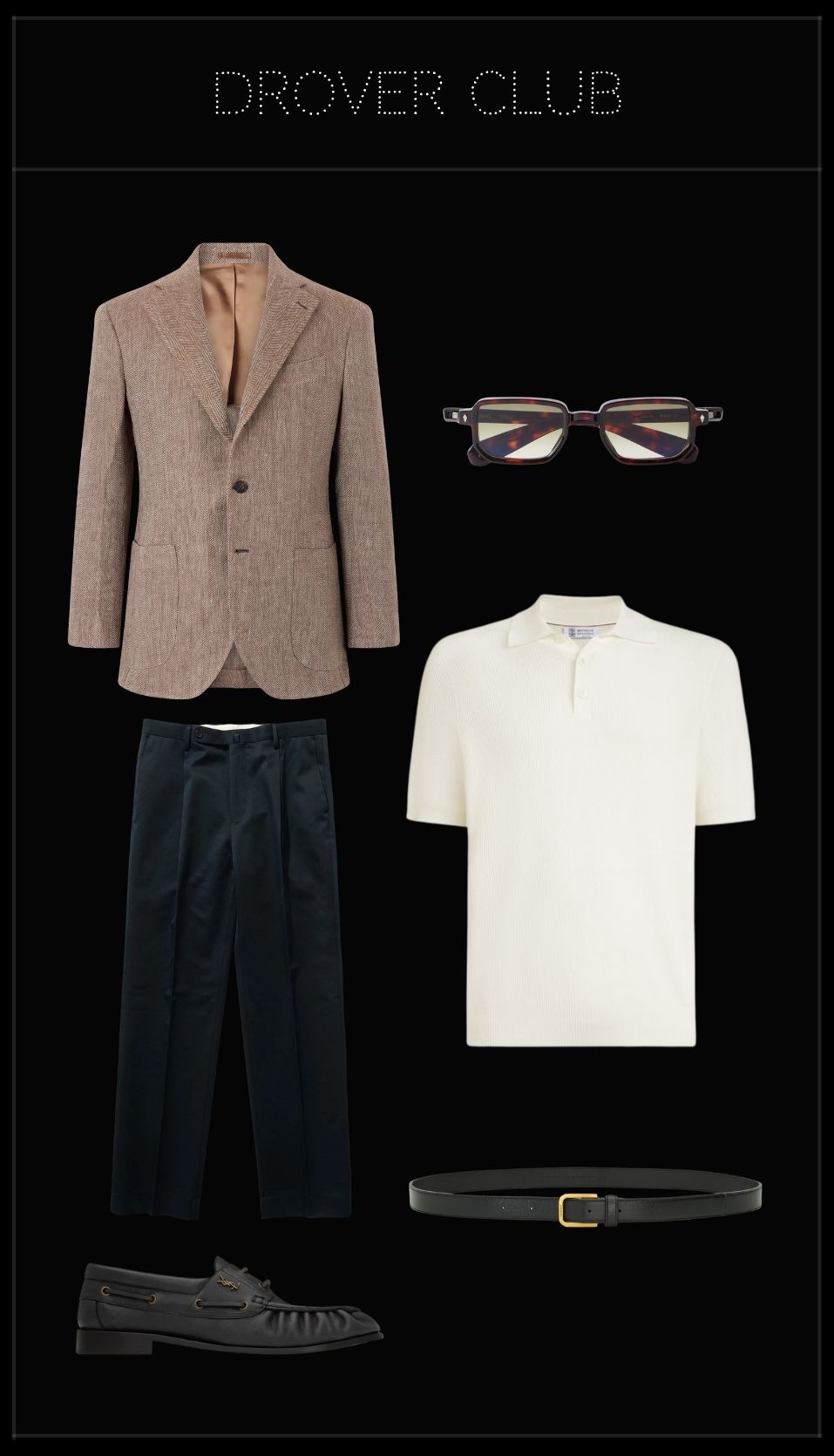 Men's Venice Biennale outfit featuring a herringbone linen blazer, rib-knit polo, pleated navy trousers, black leather loafers, slim leather belt, and square-frame sunglasses.