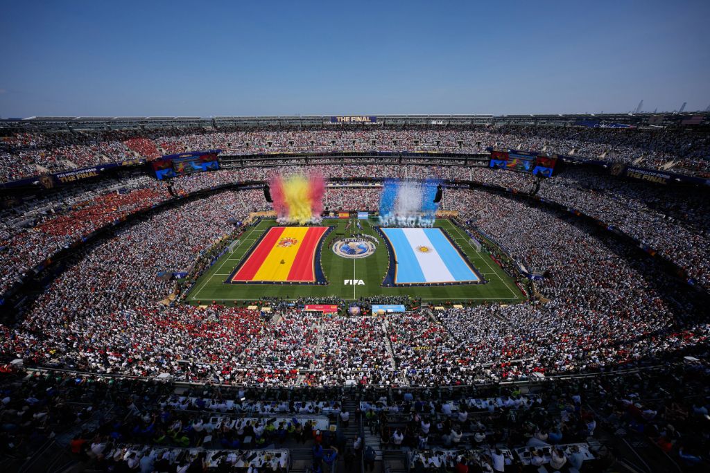 Crowd inside the stadium during the opening ceremony of the FIFA World Cup Final 2026 between Spain and Argentina.