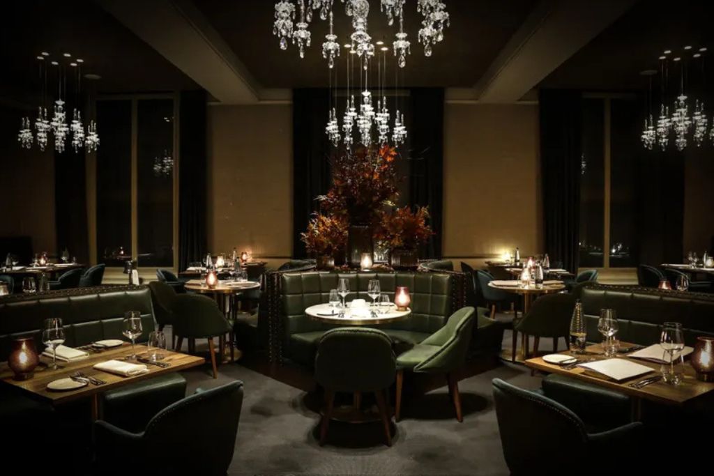 Elegant fine dining restaurant prepared for a romantic anniversary dinner.