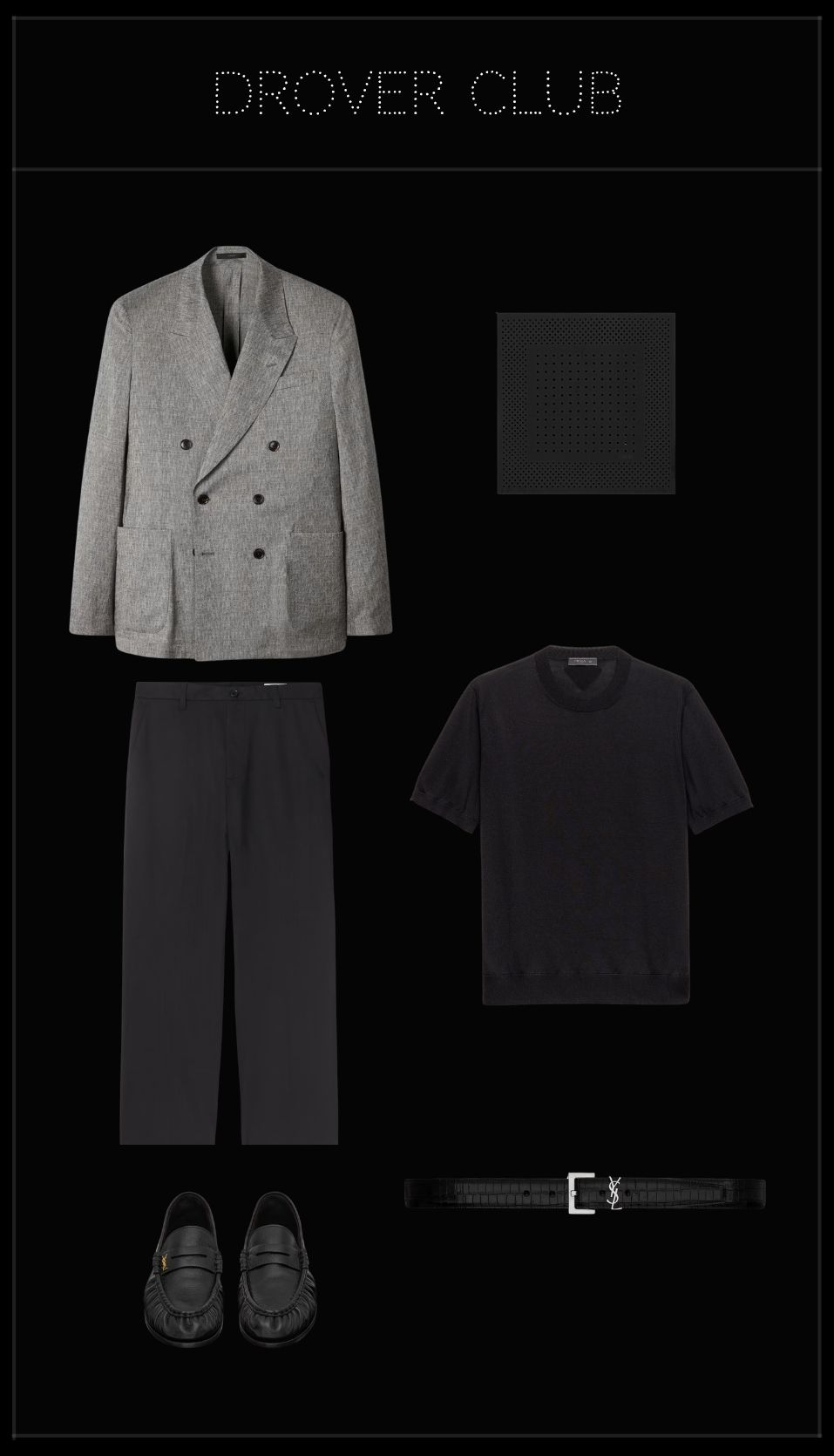 Men's jazz club outfit featuring a grey double-breasted blazer, black knitted top, black tailored trousers, black leather penny loafers, croc-embossed leather belt and pocket square.