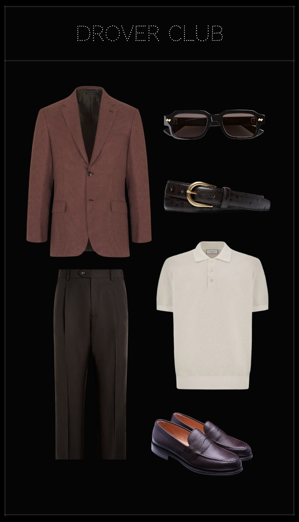 Men's Australian Open outfit featuring a burnt brown linen and silk blazer, ecru cotton polo, dark brown tailored trousers, brown leather loafers, textured leather belt and rectangular sunglasses.