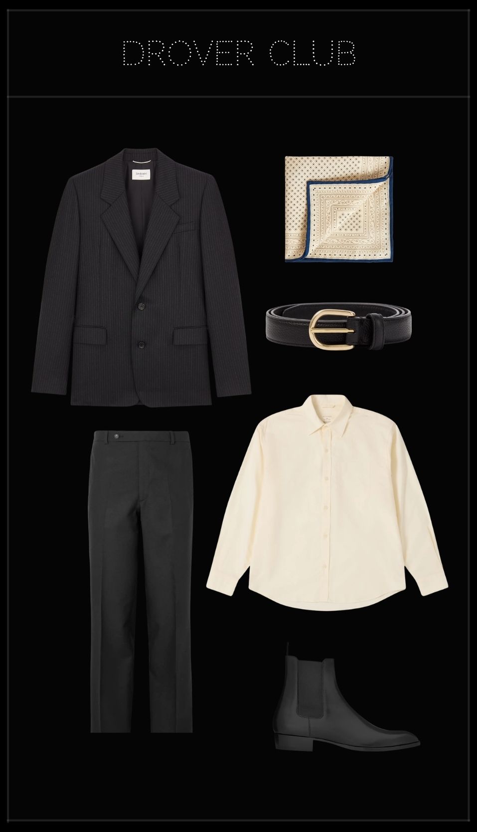 Men's rooftop party outfit featuring a black chalk-stripe blazer, cream shirt, charcoal trousers, black Chelsea boots and silk pocket square.