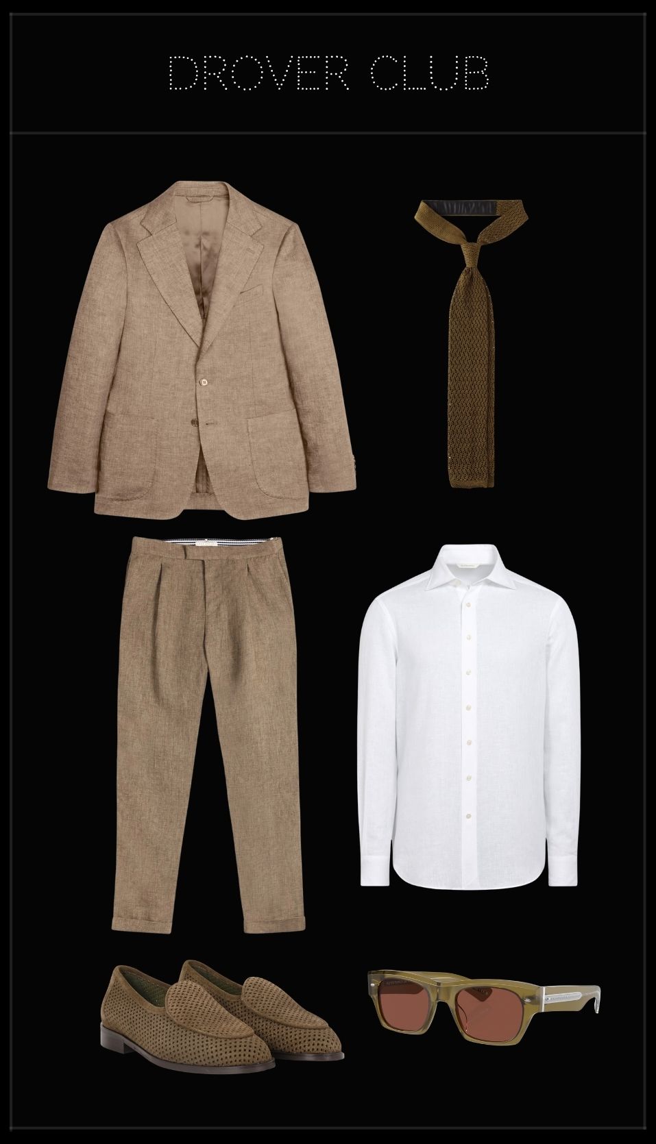 Men's beach wedding outfit featuring a hazelnut brown linen suit, white linen shirt, olive knitted silk tie, suede loafers and acetate sunglasses.