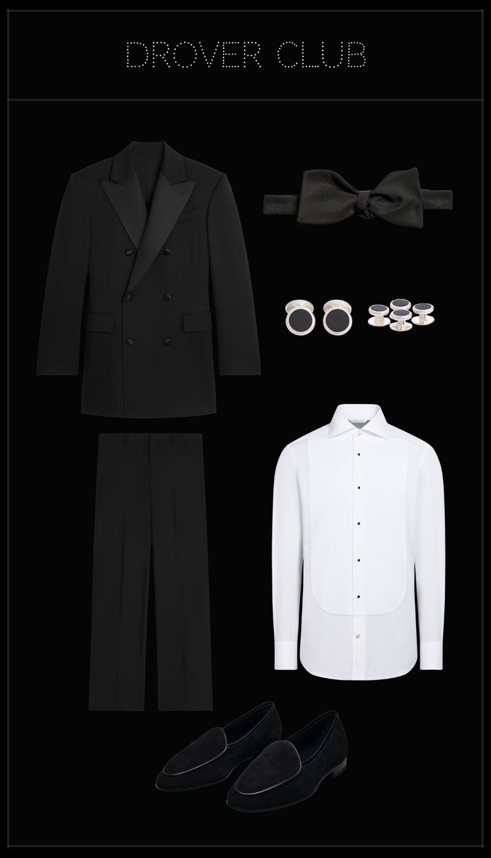 Double-breasted wool and mohair tuxedo The double-breasted wool and mohair tuxedo creates a commanding silhouette with a subtle lustre, offering timeless black-tie elegance while feeling contemporary and confident. White piqué tuxedo shirt A crisp white piqué tuxedo shirt provides the formal foundation every black-tie outfit requires, adding texture without distracting from the clean lines of the tuxedo. Black Belgian suede loafers Belgian suede loafers offer a sophisticated alternative to traditional patent leather shoes while remaining perfectly appropriate for elegant evening occasions. Black silk self-tie bow tie A self-tie silk bow tie delivers authentic black-tie character and completes the outfit with timeless refinement. Silver onyx cufflinks Silver onyx cufflinks introduce a discreet touch of luxury, adding elegant detail without overpowering the simplicity of the ensemble. Why this outfit works Casino nights often embrace a black-tie dress code inspired by classic glamour. The tuxedo provides timeless sophistication, while the suede loafers introduce a subtle contemporary twist without compromising formality. The monochrome palette keeps the look clean, elegant and perfectly suited to an evening of cocktails, fine dining and gaming.
