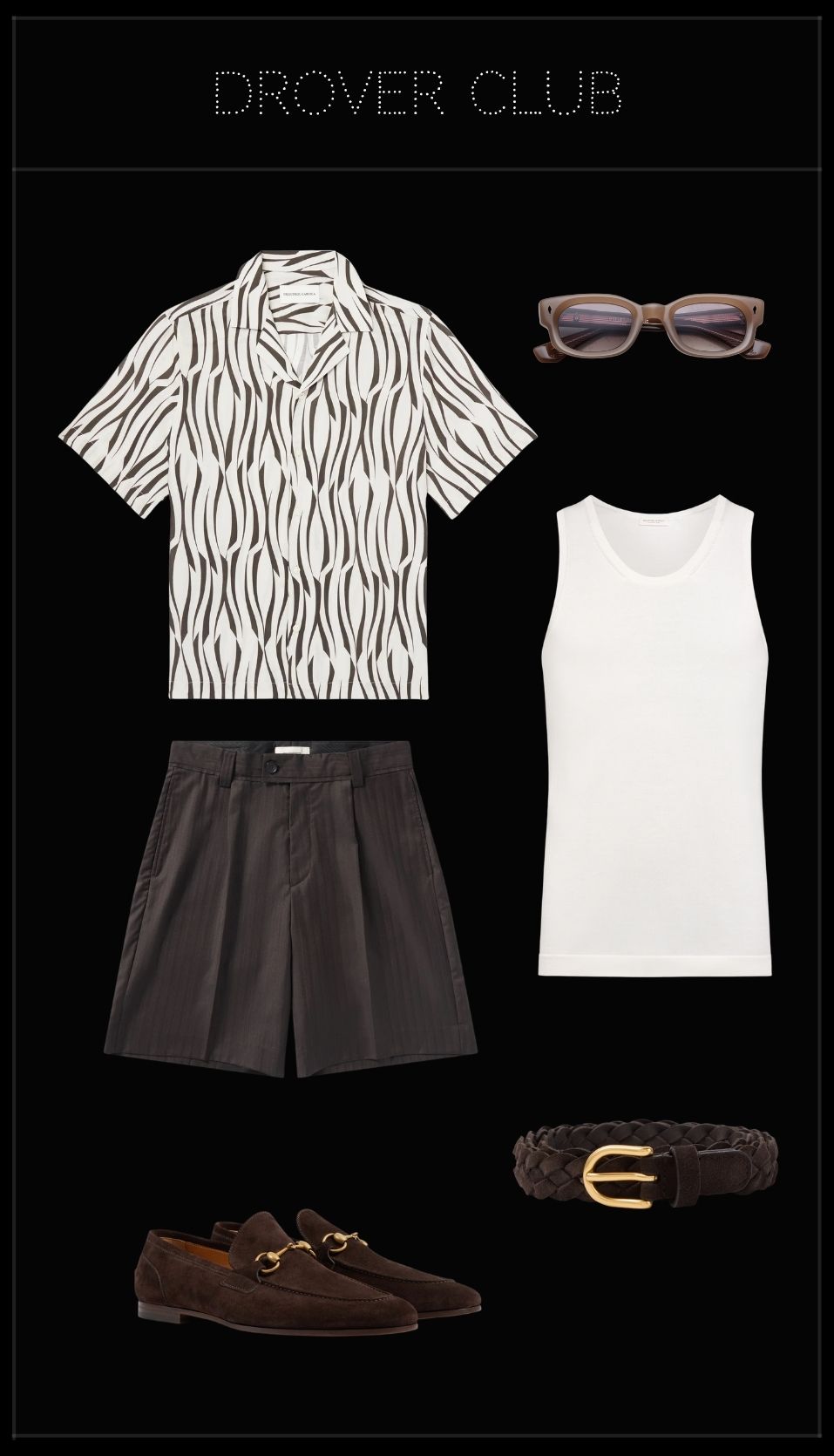 Men's yacht party outfit featuring a printed linen-blend shirt, off-white knitted tank top, tailored shorts, brown suede loafers, braided belt and rectangular sunglasses.