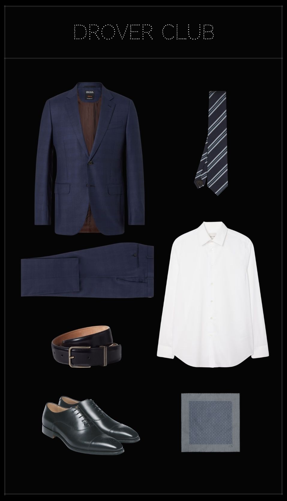 Men's TV interview outfit featuring a navy Prince of Wales suit, white formal shirt, striped silk tie, black Oxford shoes, leather belt and pocket square.