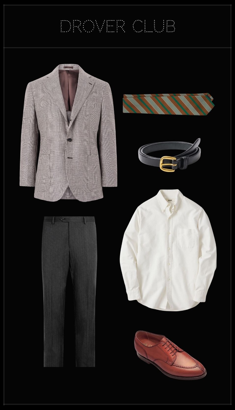 Men's Kentucky Derby outfit featuring a Prince of Wales blazer, white Oxford shirt, dark grey trousers, striped silk tie and burnished tan leather shoes.
