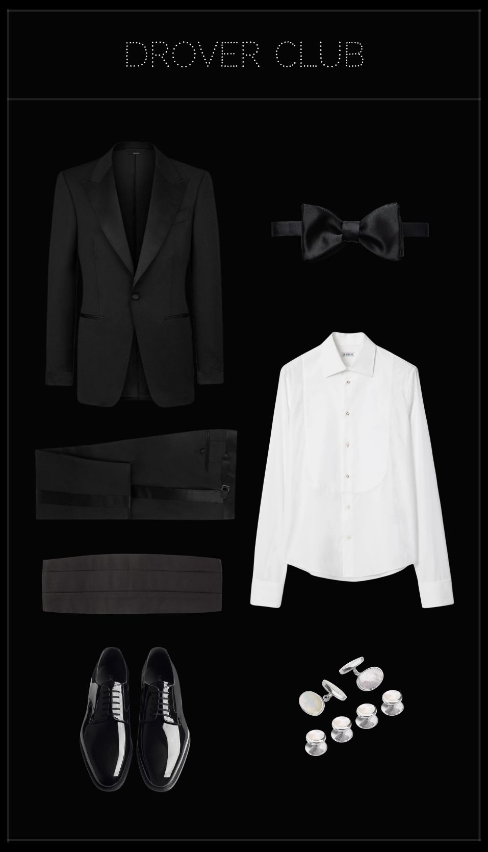 Men's black tie wedding outfit featuring a black peak-lapel tuxedo, white tuxedo shirt, silk bow tie, cummerbund, patent leather shoes and mother-of-pearl cufflinks.