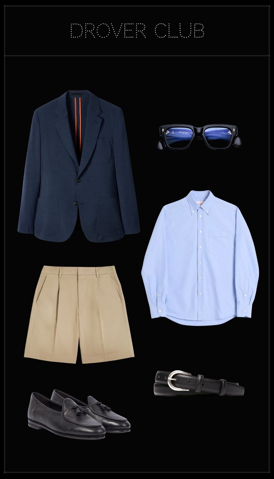 Men's garden party outfit featuring a navy seersucker blazer, light blue button-down Oxford shirt, beige pleated shorts, black tassel loafers, black leather belt and rectangular sunglasses.