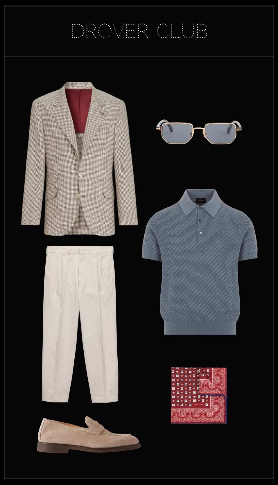 Men’s US Open outfit featuring a silk-blend houndstooth blazer, steel-blue polo, light pleated cotton trousers, suede penny loafers, printed silk pocket square and metal-frame sunglasses.