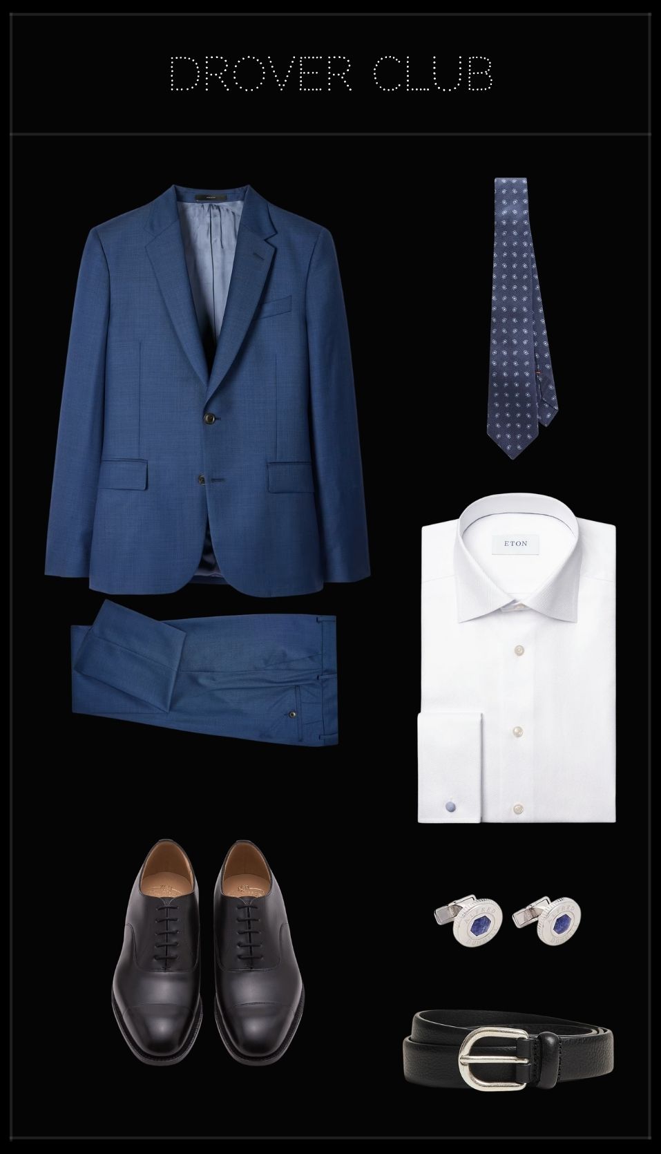 Men’s wedding reception outfit featuring a mid-blue wool suit, white French-cuff shirt, navy paisley silk tie, black Oxford shoes, leather belt and silver cufflinks.