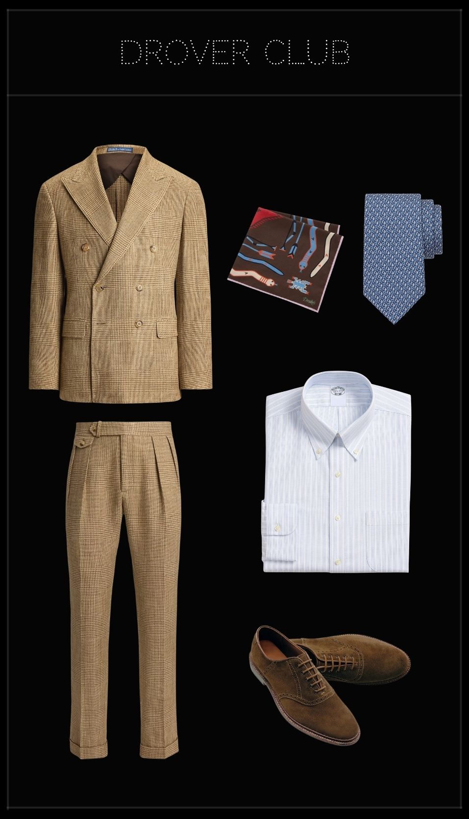 Men’s Cheltenham Races outfit featuring a brown Glen plaid tweed suit, blue pinstripe shirt, equestrian silk tie, brown suede Oxford shoes and printed pocket square.