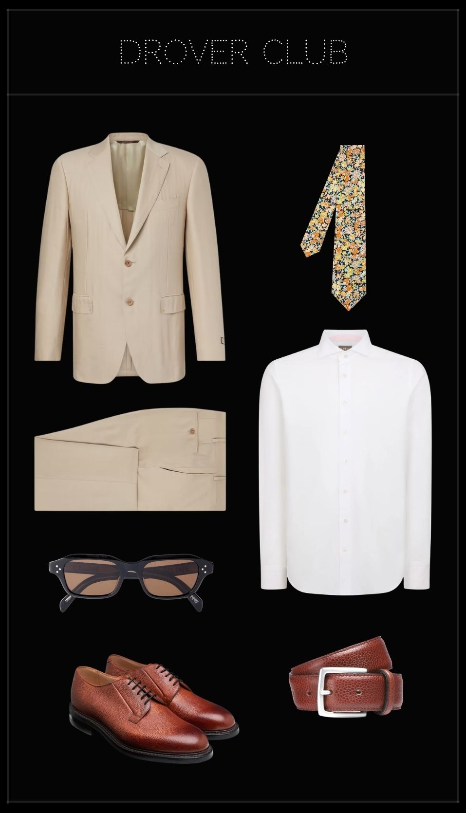Men’s garden wedding outfit featuring a beige linen and wool suit, white shirt, floral tie, mahogany leather Derby shoes, matching belt and rectangular sunglasses.