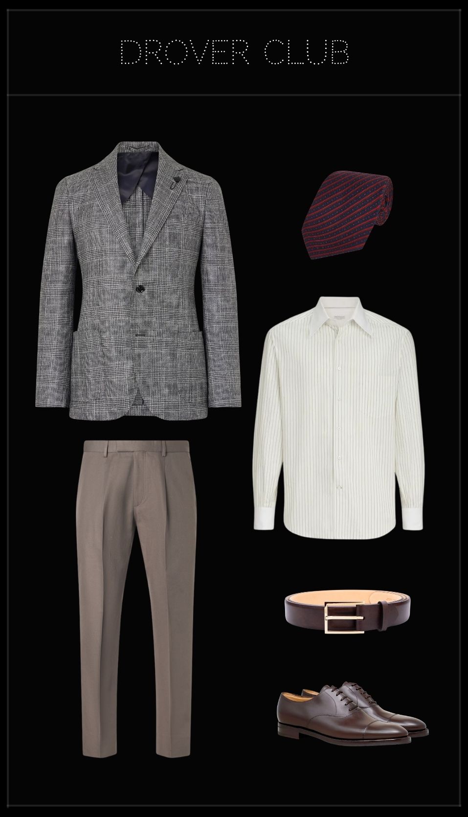 Men’s Melbourne Cup outfit featuring a Prince of Wales checked blazer, striped shirt, taupe trousers, silk tie and dark brown leather shoes.