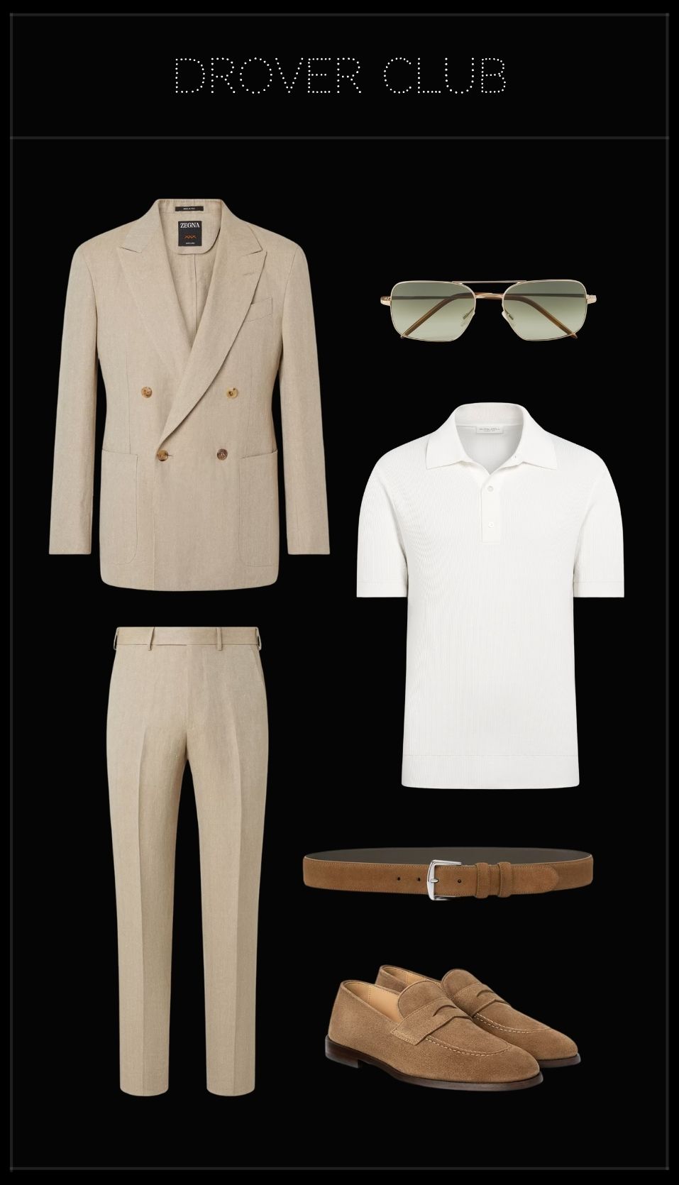 Men’s Pebble Beach Concours d’Elegance outfit featuring a taupe linen double-breasted blazer, matching trousers, off-white knitted polo, suede penny loafers, suede belt and aviator sunglasses.