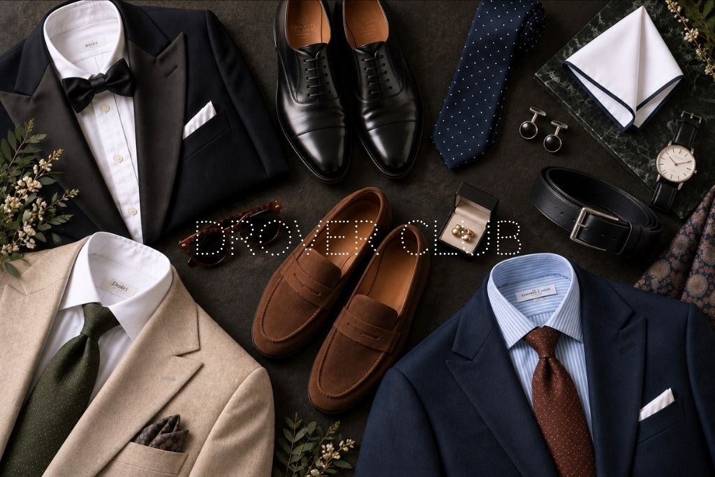 Men’s wedding attire featuring black tie, beige and navy tailoring with formal shoes and accessories.