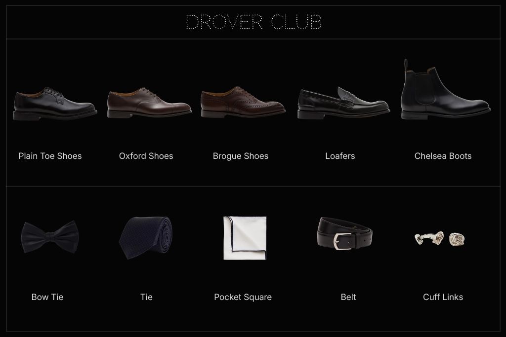 Men’s wedding shoes and accessories including formal shoes, loafers, Chelsea boots, ties, pocket square, belt and cufflinks.