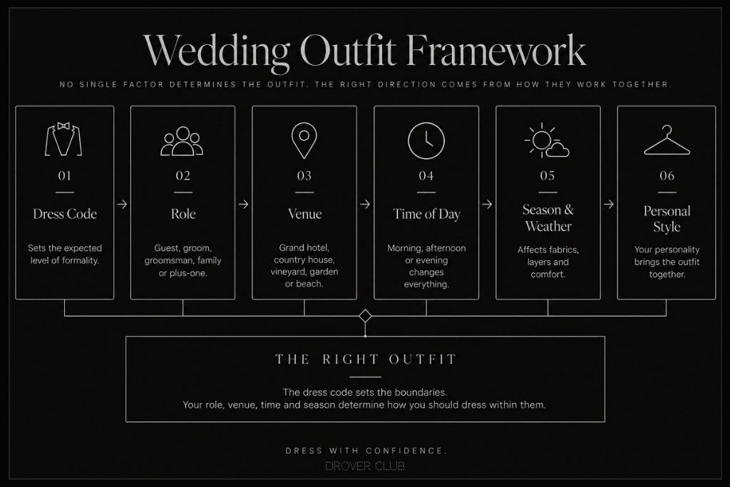 Drover Club wedding outfit framework showing dress code, role, venue, time of day, season, weather and personal style.
