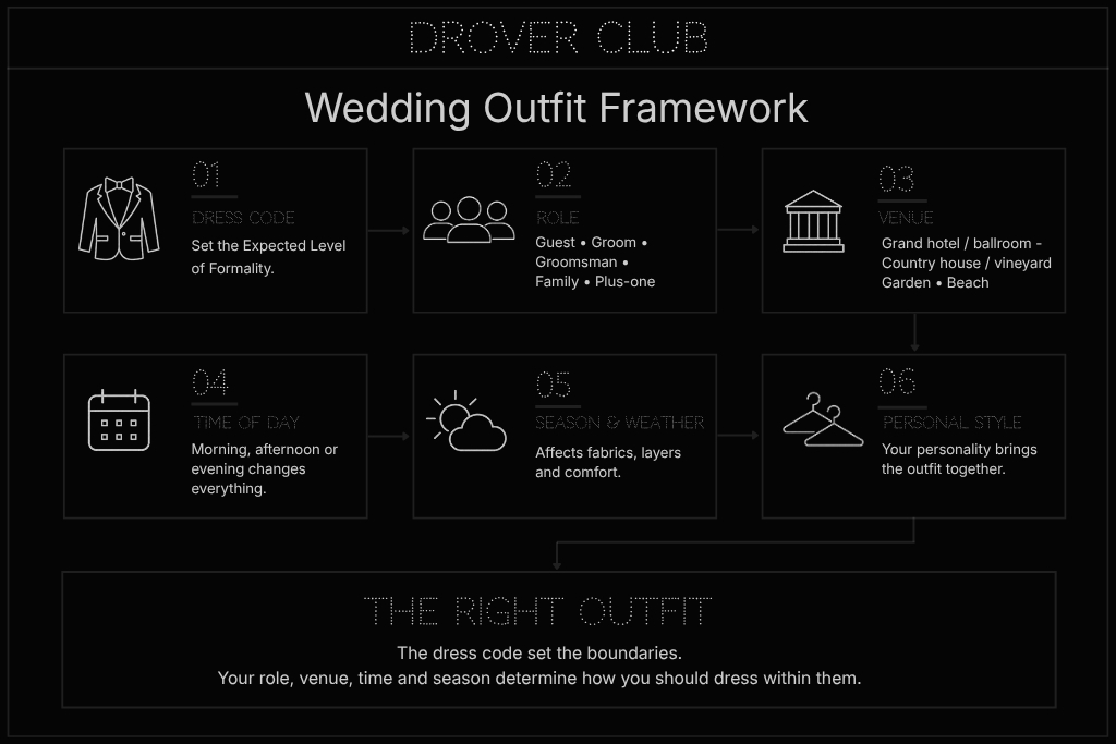 Drover Club wedding outfit framework showing dress code, role, venue, time of day, season, weather and personal style.