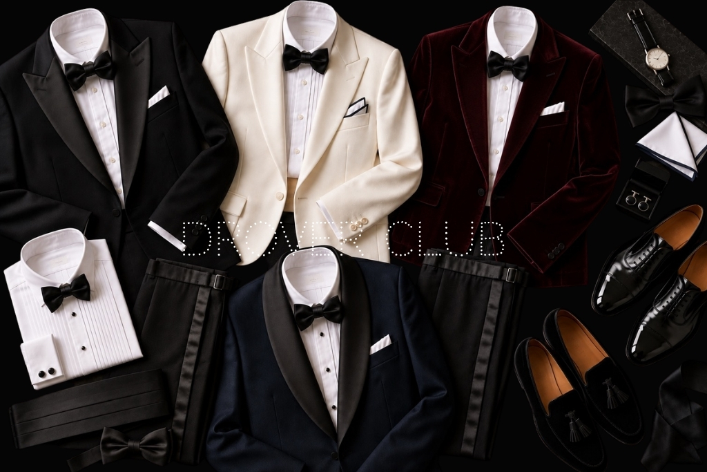 Men's black tie clothing selection with black, ivory, burgundy and midnight blue dinner jackets, evening shirts and accessories.