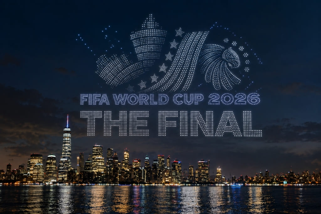 FIFA World Cup 2026 Final drone display over the New York City skyline at night.