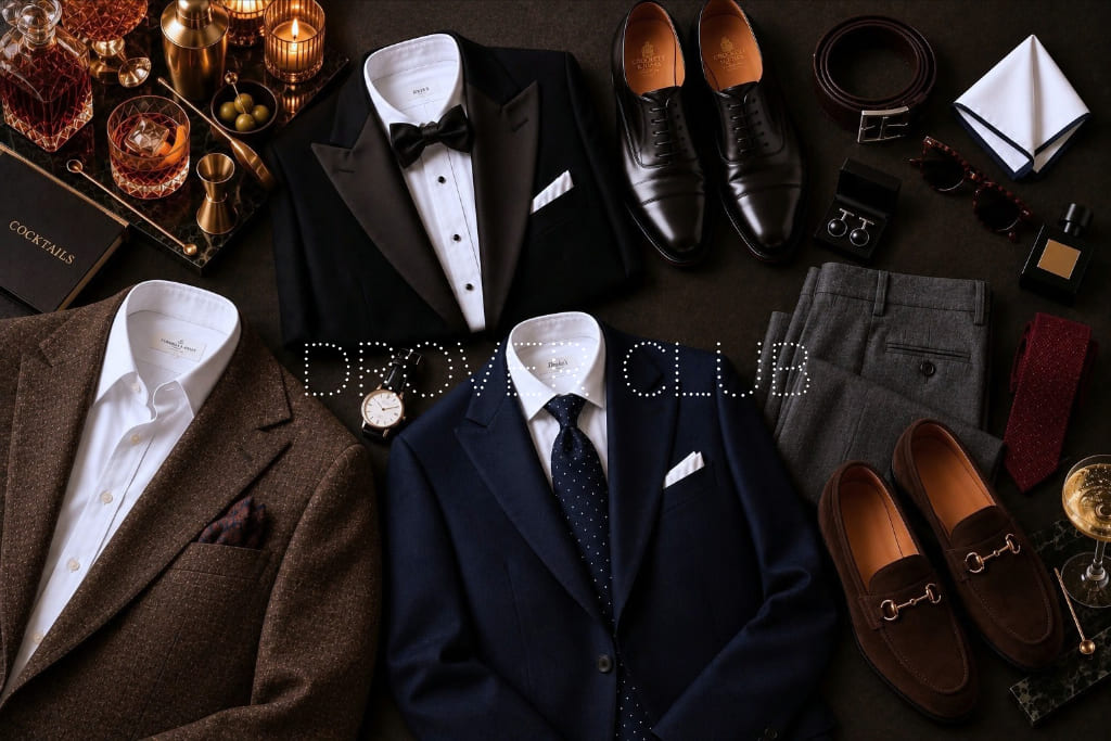 Men’s cocktail attire featuring formal, classic and relaxed outfit options with suits, shirts, ties, shoes and accessories.