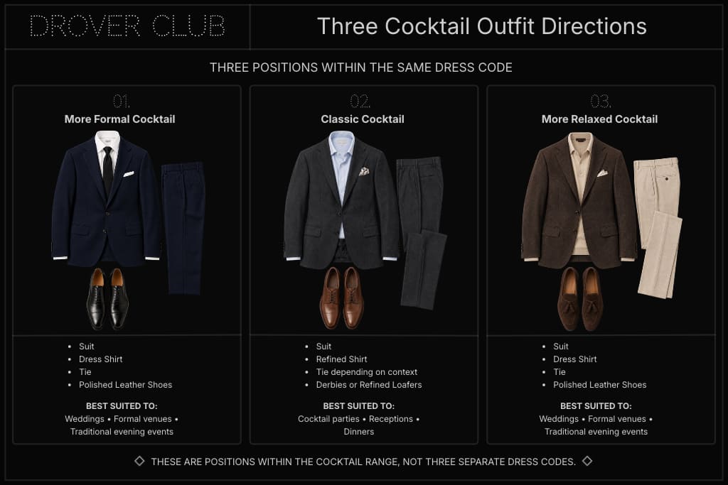 Men’s cocktail attire showing three outfit directions: more formal, classic and more relaxed cocktail looks.