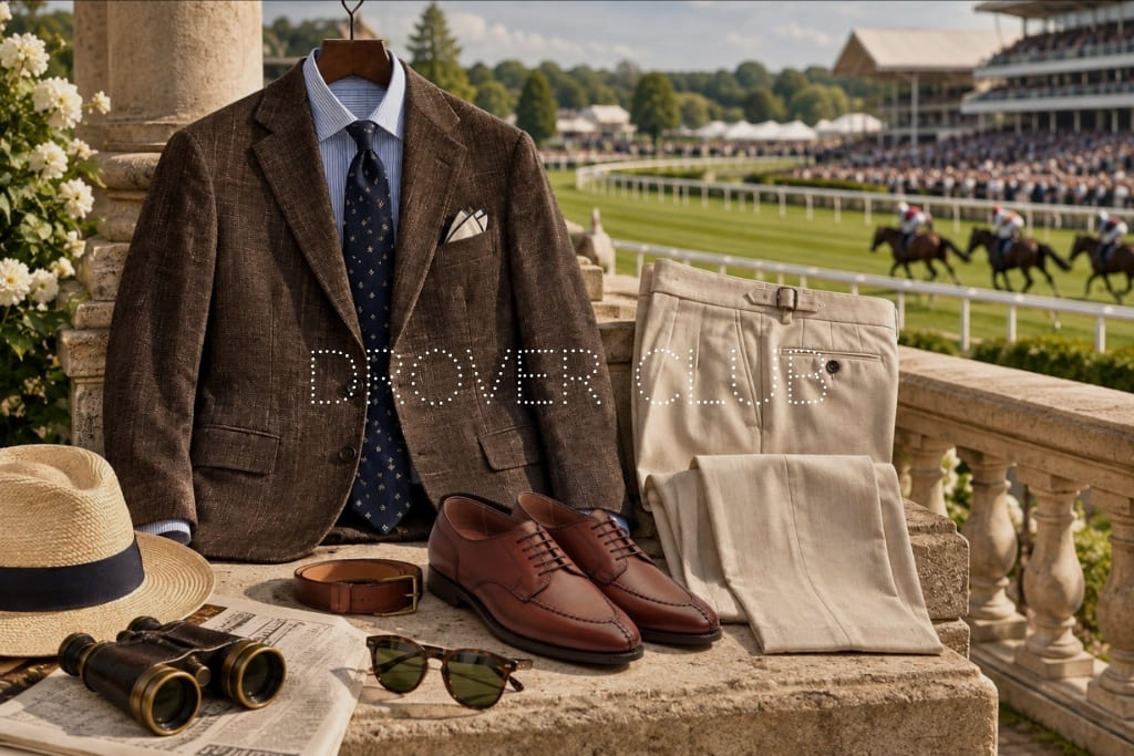 Men’s horse racing attire featuring a tailored jacket, shirt, tie, trousers, leather shoes, sunglasses and race-day accessories.