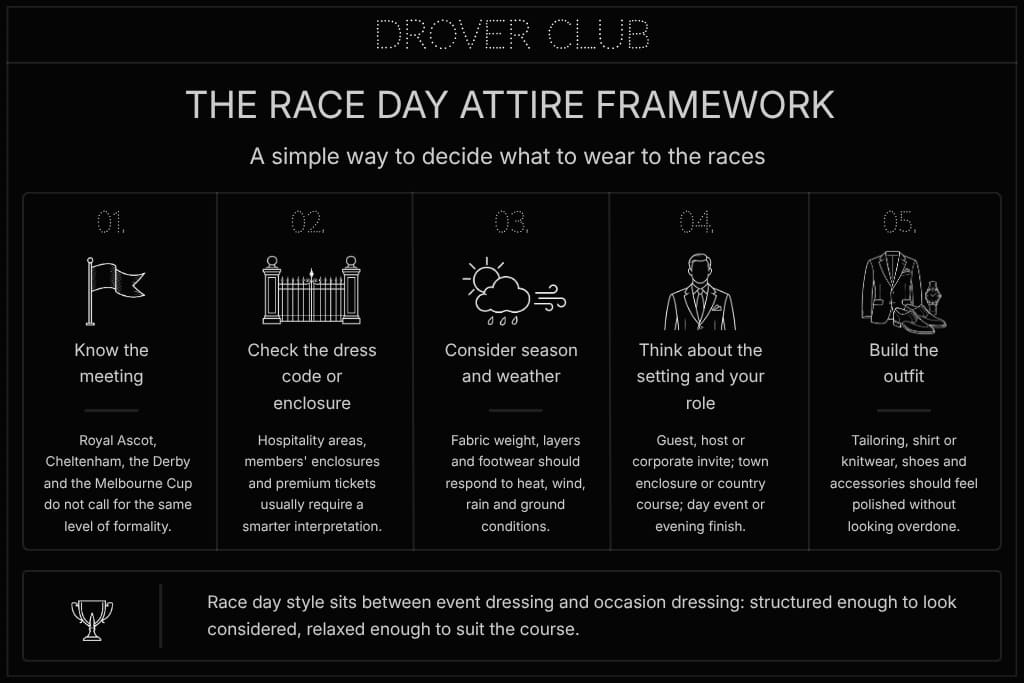 Race day attire framework explaining how to choose what to wear based on the meeting, dress code, weather, setting and level of formality.