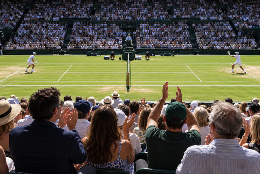 Spectators watching a match at Wimbledon tennis championships on a sunny day.