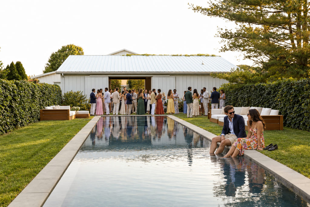 Guests socialising at an outdoor garden party beside a swimming pool, with summer outfits and drinks.