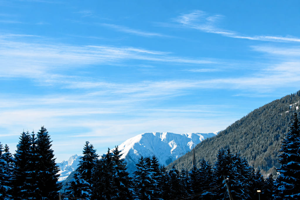 Snow-covered mountains and pine trees in Davos under a clear blue winter sky.