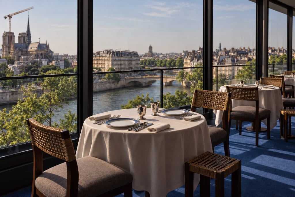 Fine dining restaurant overlooking the Seine and Paris skyline, with tables set beside panoramic windows.
