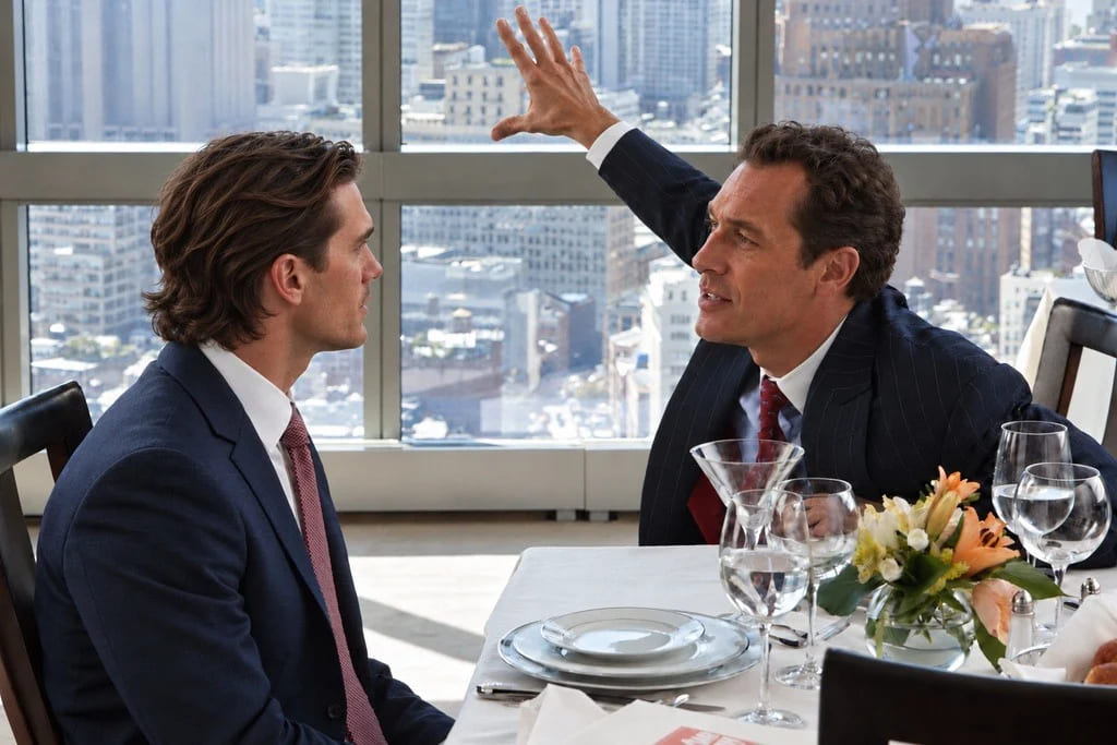 Two businessmen in suits having a professional conversation over lunch in a city restaurant.