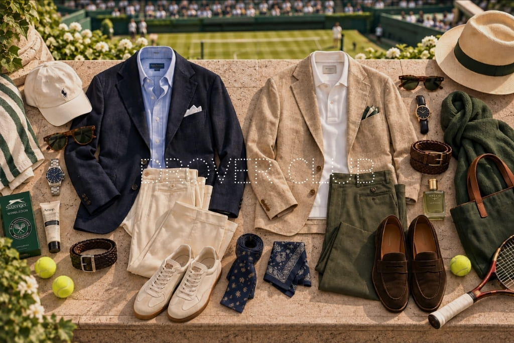 Men’s tennis spectator attire featuring tailored blazers, shirts, trousers, loafers, sneakers and accessories for a day at the tennis.