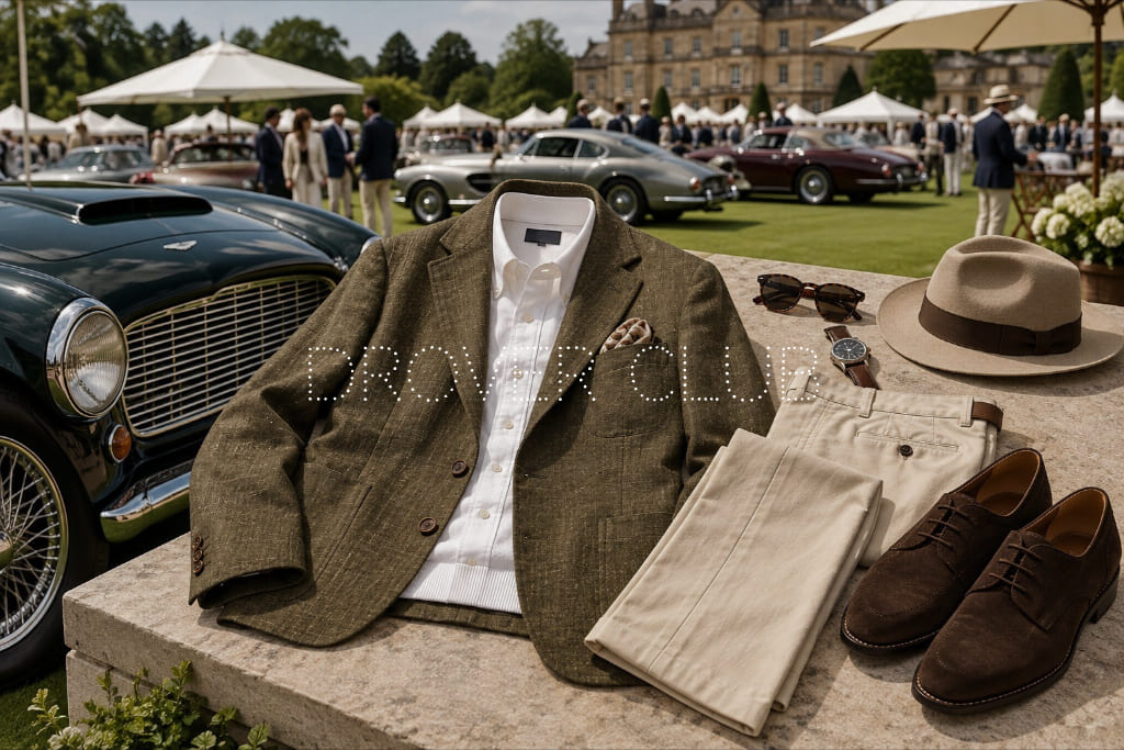 Men’s car show outfit featuring a tailored jacket, white shirt, light trousers, suede shoes, hat, sunglasses and watch.
