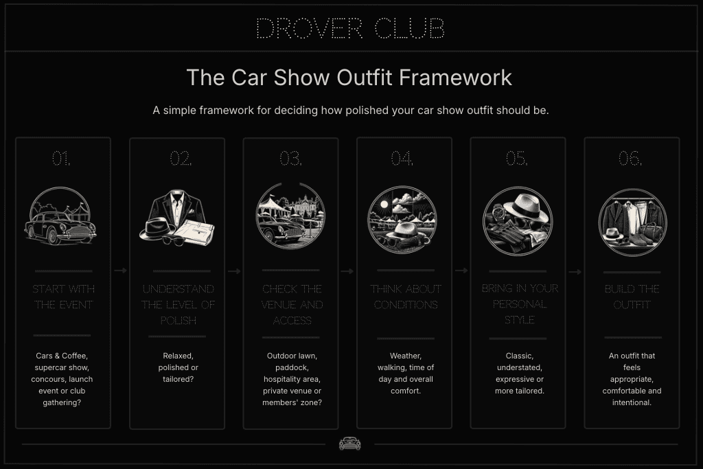 Car show outfit framework explaining how to dress based on the event, level of formality, venue, weather and personal style.