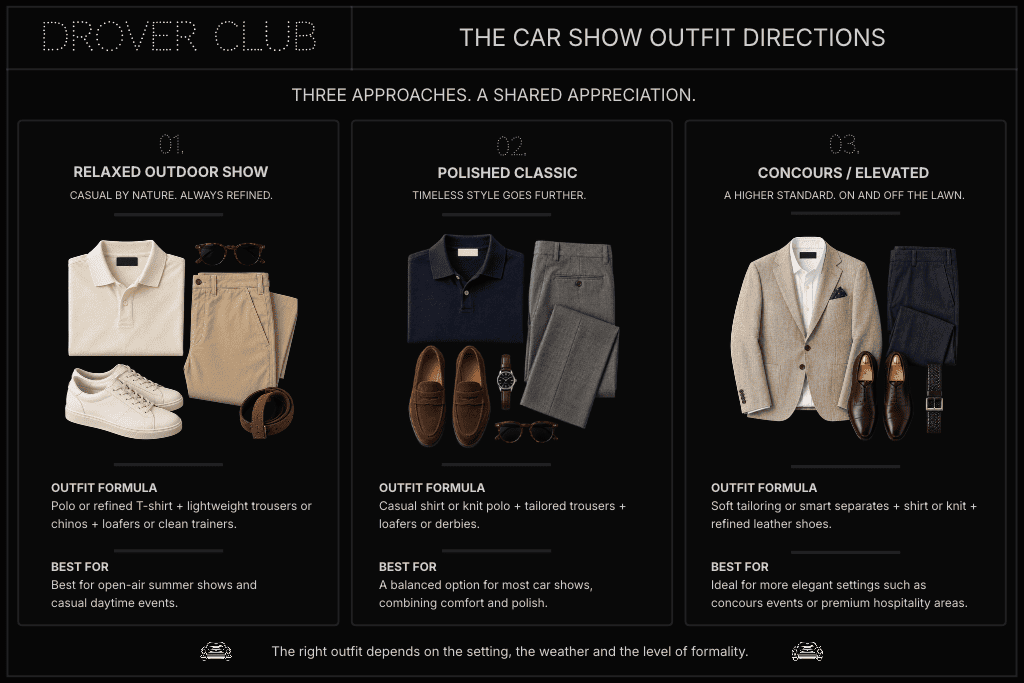 Men’s car show attire showing three outfit directions: relaxed outdoor show, polished classic and concours or elevated.