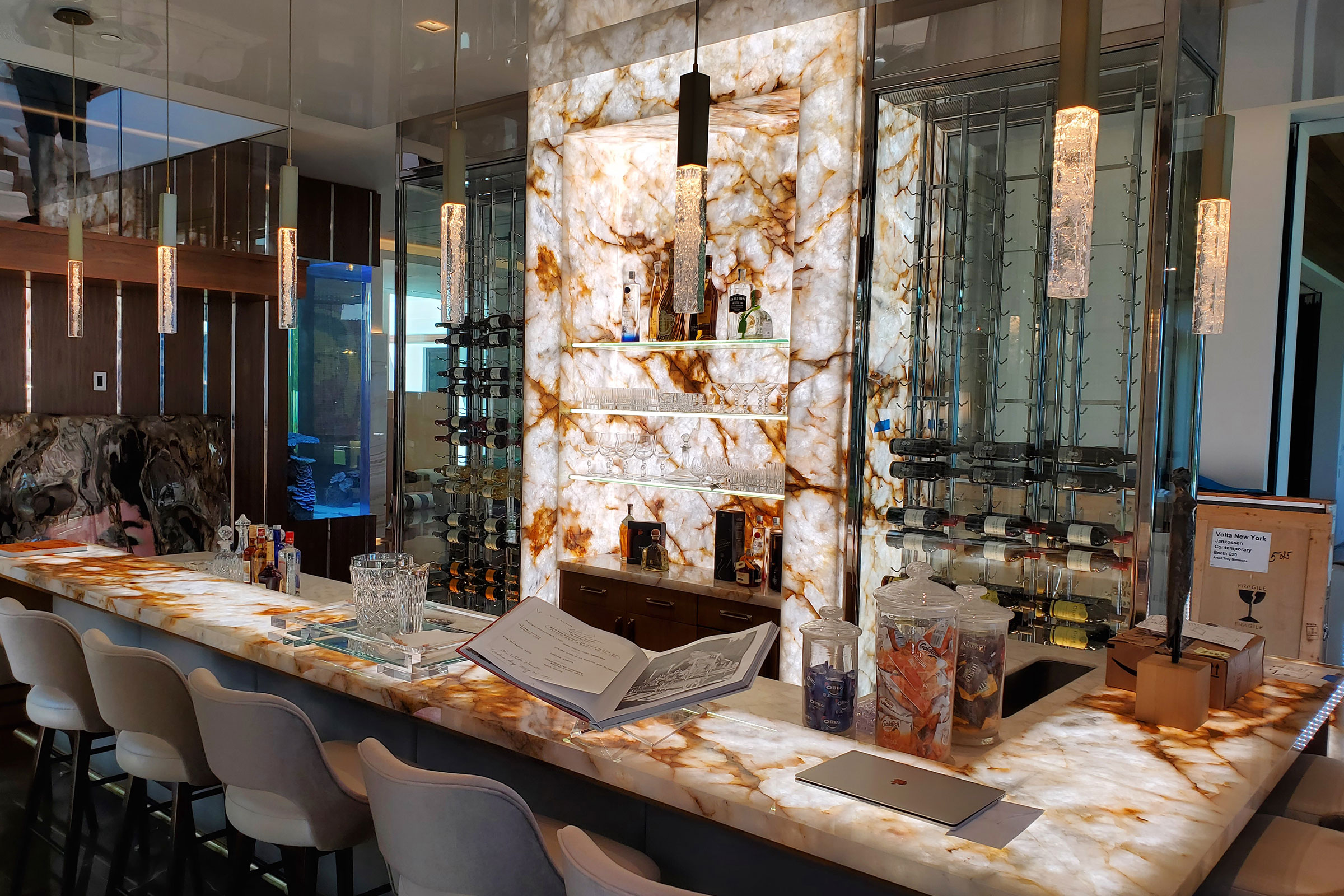 luxury home with backlit shelving and bartop, waterfall counter, backlighting led light sheets flexible cuttable best