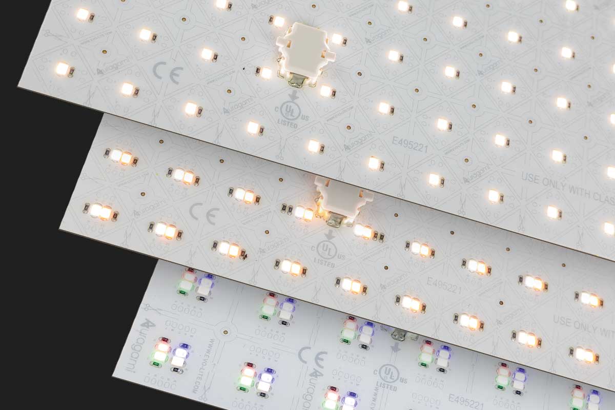 Three stacked LED light sheets with white and multicolored LED chips, featuring technical labels and symbols on a black background.
