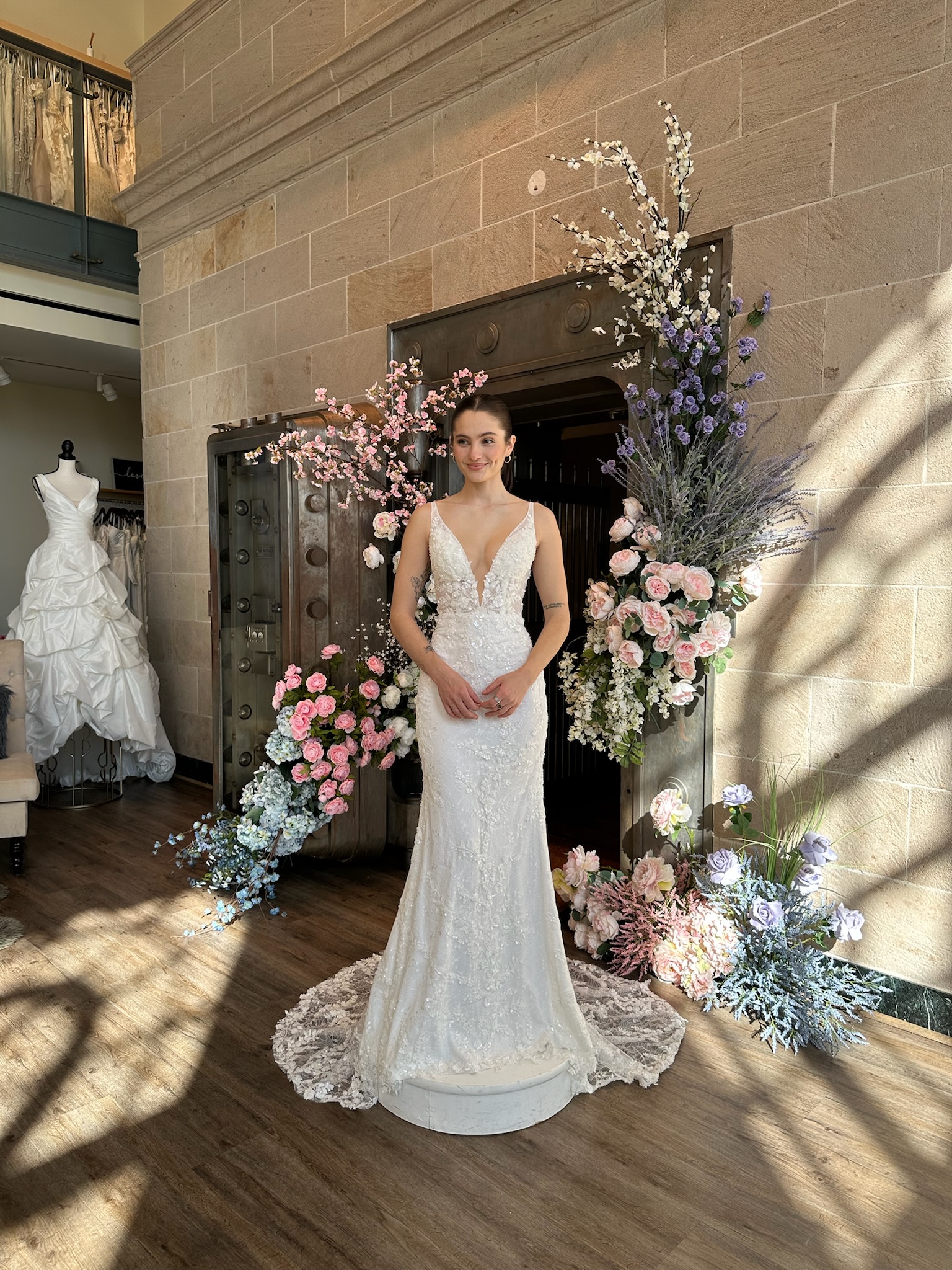 Floral lace fit and flare wedding dress at Ava Laurénne Bride in Fredericksburg VA