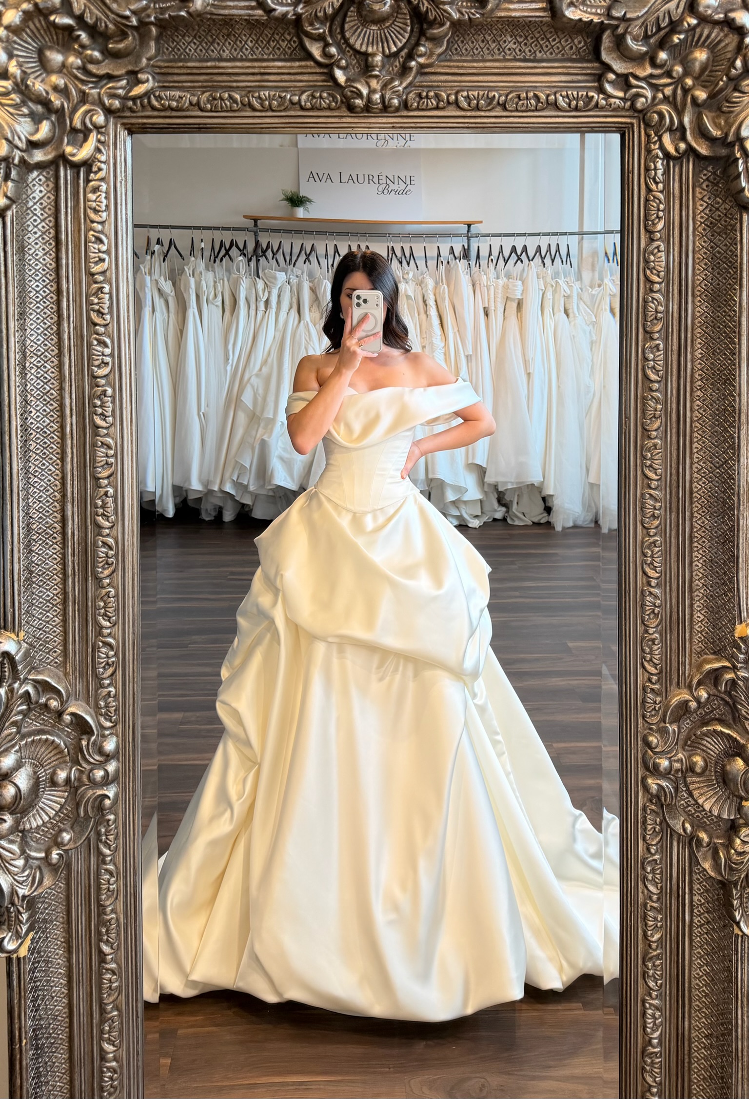 Off the shoulder lace corset ball gown wedding dress at Ava Laurénne Bride bridal boutique