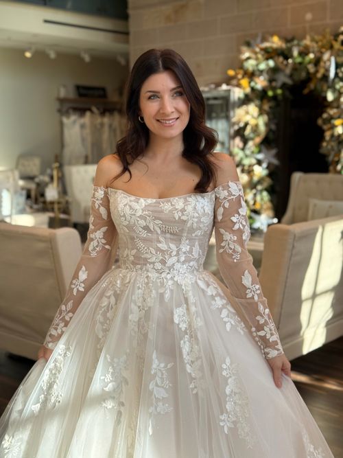 Off the shoulder wedding dress collection at Ava Laurénne Bride featuring romantic and elegant bridal styles