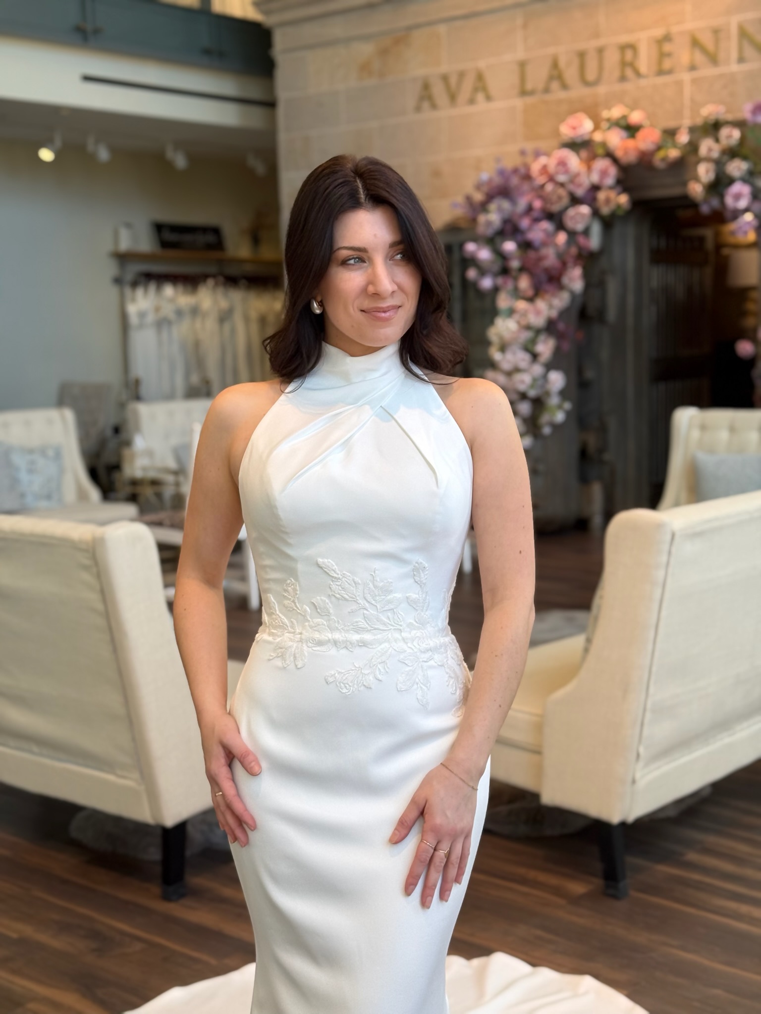 Luxury bridal fashion featuring a high neckline wedding gown at Ava Laurénne Bride
