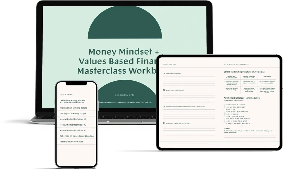 A laptop, tablet, and smartphone display digital pages from a financial masterclass workbook titled “Money Mindset + Values Based Finance”.