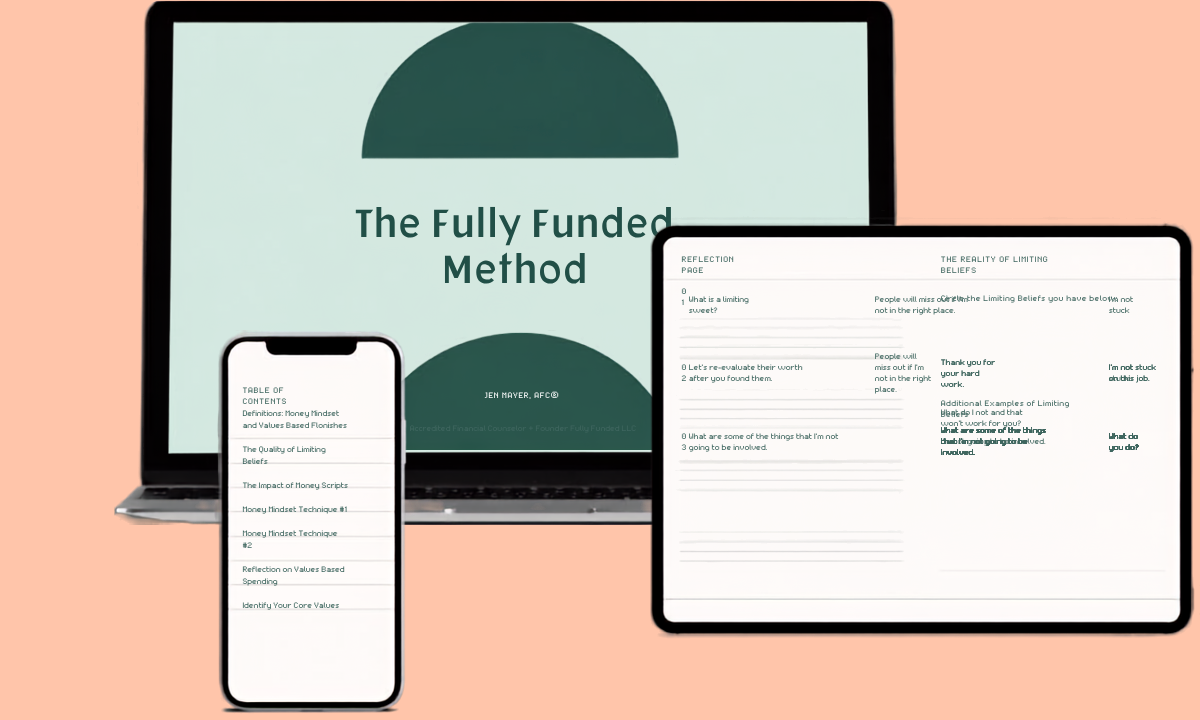 A laptop, tablet, and smartphone display digital pages from a financial masterclass workbook titled “Money Mindset + Values Based Finance”.