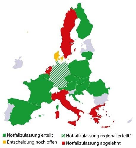 Map showing were emergency authorizations of neonics are allowed