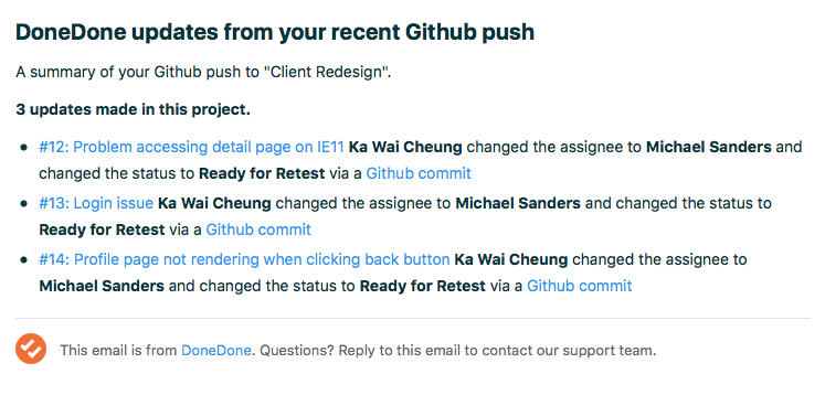 Image of DoneDone email summary after Github merge