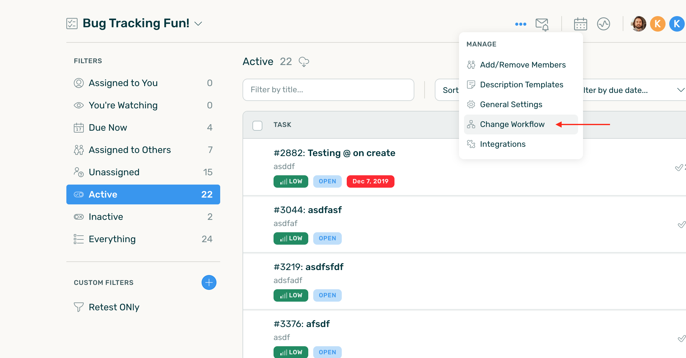 Select Change Workflow from Settings